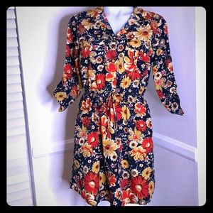 Red Blue Yellow Flower Floral Casual Shirt Dress M